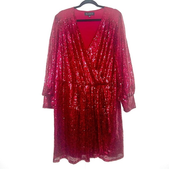 Eloquii Sequin Puff Sleeve Dress - Red - Picture 2 of 5